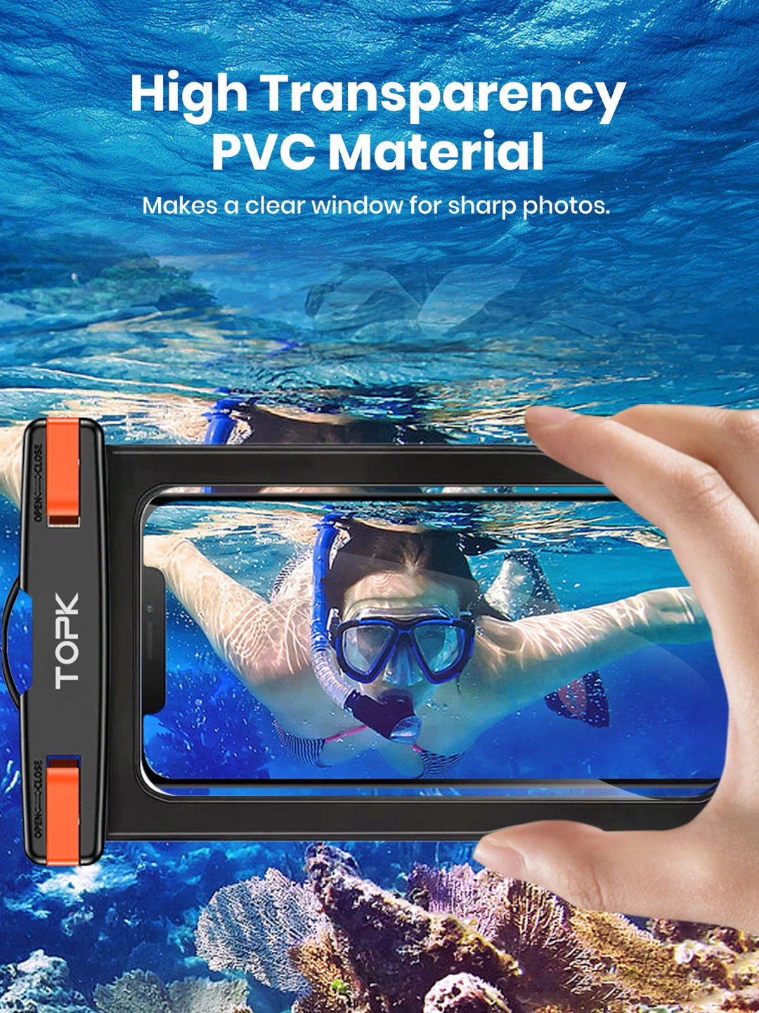 A person snorkeling underwater is photographed through an IPX8 Waterproof Phone Pouch. Text reads: "High Transparency PVC Material. Makes a clear window for sharp photos and IPX8 protection for all outdoor activities.