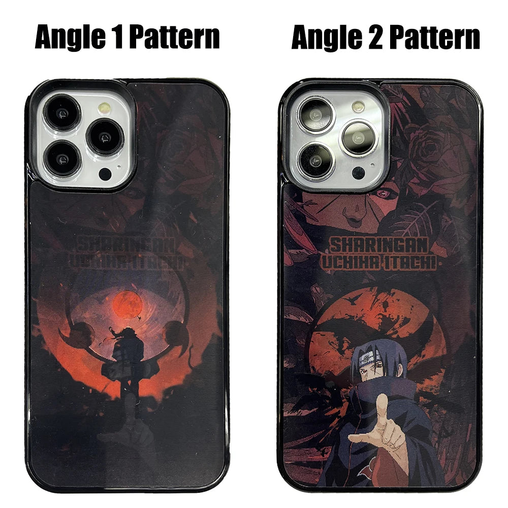 Two phone cases featuring anime designs. The case on the left, named "Itachi Angle Art," showcases Itachi with a silhouetted figure and glowing red eyes, while the case on the right depicts Naruto pointing against a dark red backdrop. Both are Magsafe compatible for easy charging.