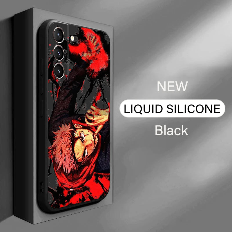 A phone case featuring Itadori from Jujutsu Kaisen. The case has a black background with a fiery red image of Itadori with glowing fists.