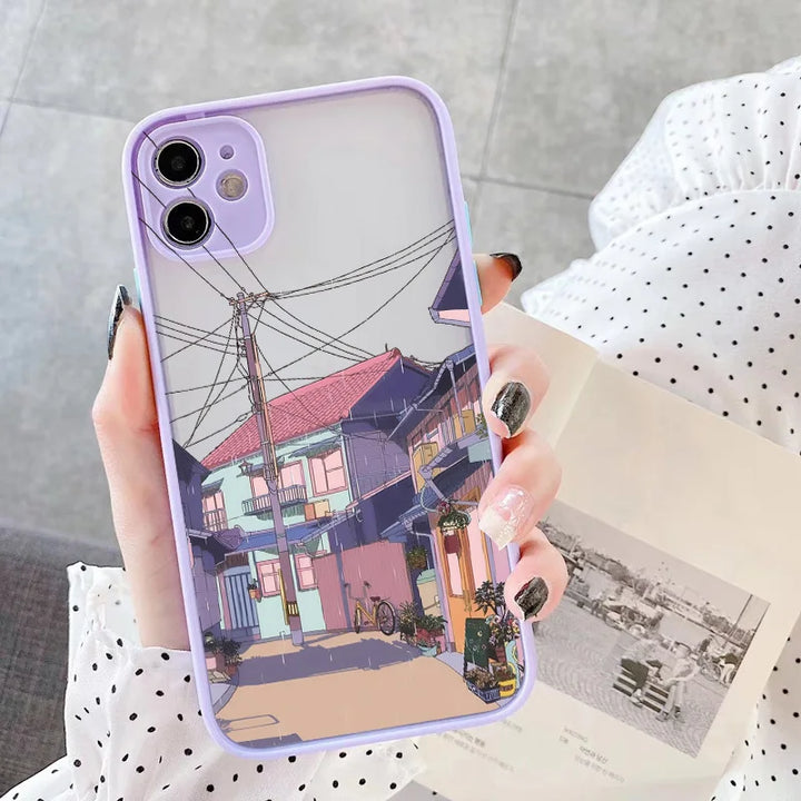 A purple phone case with a frosted back showing a narrow, colorful alleyway in a quaint town