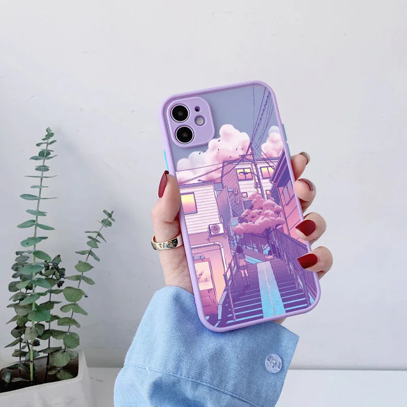 A purple phone case with a frosted back showing a dreamy cityscape with pastel-colored clouds, a staircase leading up to a building, and power lines