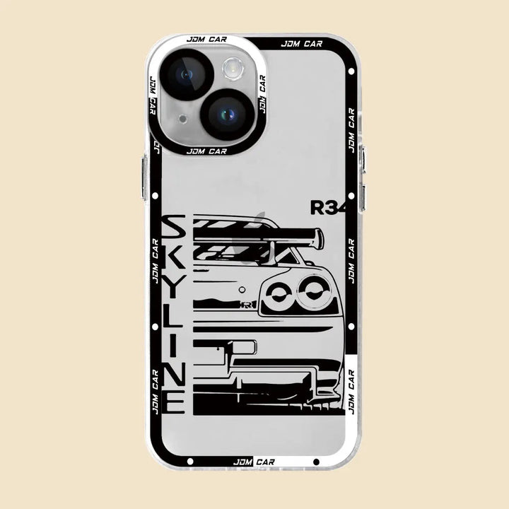 Product description: The JDM Clear for iPhone case showcases a black and white illustration of the rear view of an R34 Skyline car, complete with "SKYLINE" and "R34" text. This anti-scratch silicone case features edges adorned with the text "JDM CAR," celebrating iconic designs from Japanese Domestic Market (JDM) cars.