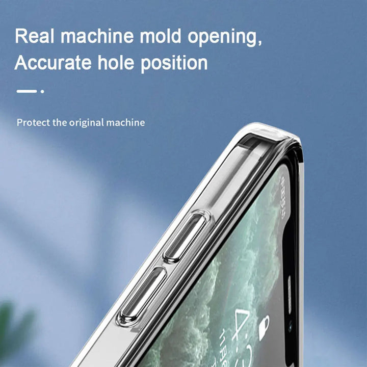 Close-up of an iPhone in a JDM Clear anti-scratch, clear silicone case, showing a portion of the screen and volume buttons. Text on the image reads, "Real machine mold opening, Accurate hole position. Protect the original machine.