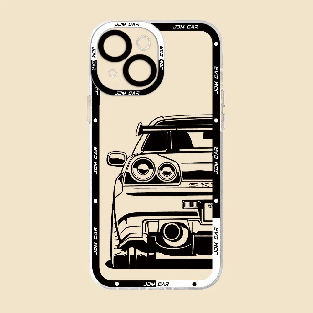 The JDM Clear for iPhone is a silicone phone case featuring an illustrated rear view of a sports car with a spoiler and a visible license plate frame labeled "SMK." This anti-scratch case is embellished with the text "JDM CAR" around the edges, making it perfect for enthusiasts of JDM car designs.