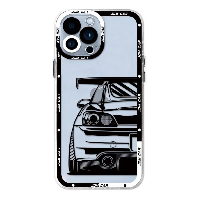 The JDM Clear for iPhone is a durable anti-scratch silicone smartphone case that features a black and white illustration of a car's rear view with a prominent spoiler. The case is surrounded by a black border with the text "JDM CAR" repeatedly printed on it.