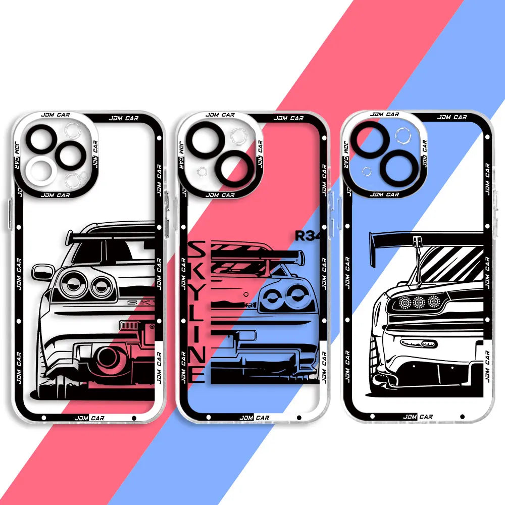 Three JDM Clear for iPhone silicone cases featuring transparent designs with illustrated rear views of JDM sports cars, including one case with "SKYLINE" text. The anti-scratch cases are displayed over a pink and blue diagonal split background.