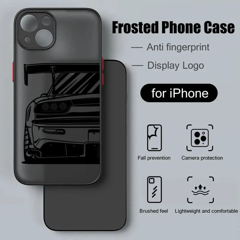 Introducing the JDM Frosted for iPhone: a black frosted phone case featuring a car illustration. This lightweight TPU case is designed with anti-fingerprint, fall prevention, and camera protection properties, offering comfort and a brushed feel.