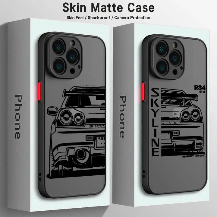 Introducing the JDM Frosted for iPhone: matte-finished phone cases featuring a sleek SKYLINE R34 car design, stylishly displayed in packaging. These JDM phone cases offer a skin-like feel, shockproof protection, and secure camera safeguarding. Crafted from durable TPU material, they seamlessly blend durability with style.