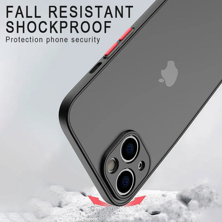 The JDM Sunset for iPhone, a black smartphone case with distinctive red buttons, is demonstrated enduring a drop onto a hard surface. Boasting "fall resistant" and "shockproof" features, this robust phone case offers enhanced protection for your device, reminiscent of the durable engineering found in JDM cars.