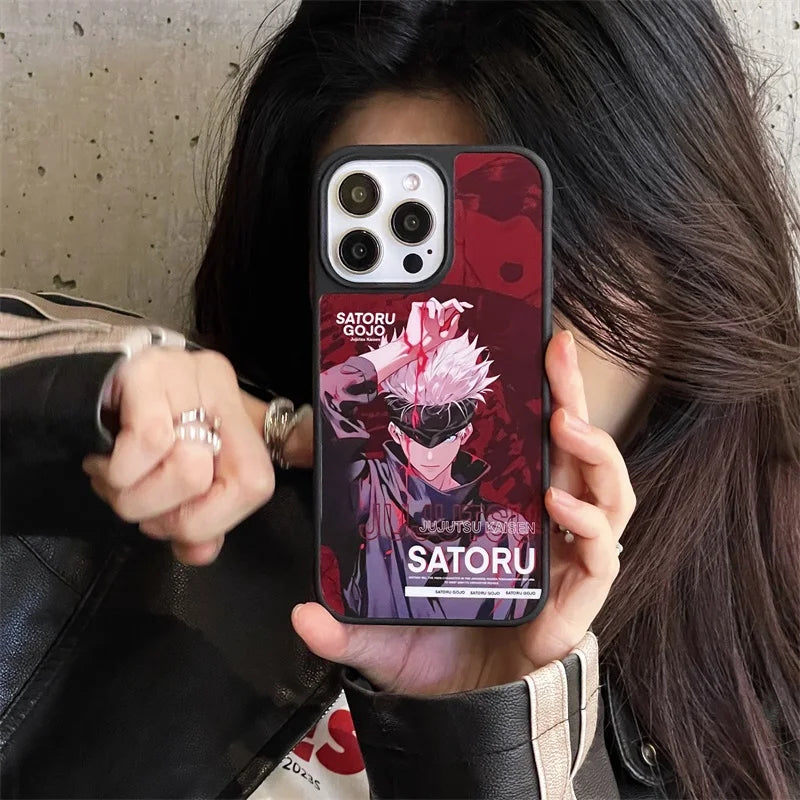 Phone case featuring Satoru Gojo from Jujutsu Kaisen, case has a red and black background.