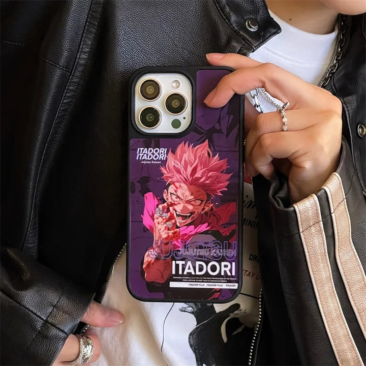 Phone case featuring Yuji Itadori from Jujutsu Kaisen, case has a purple and black background.