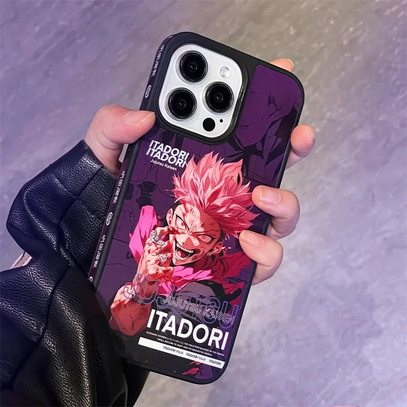 Phone case featuring Yuji Itadori from Jujutsu Kaisen, case has a purple and black background.