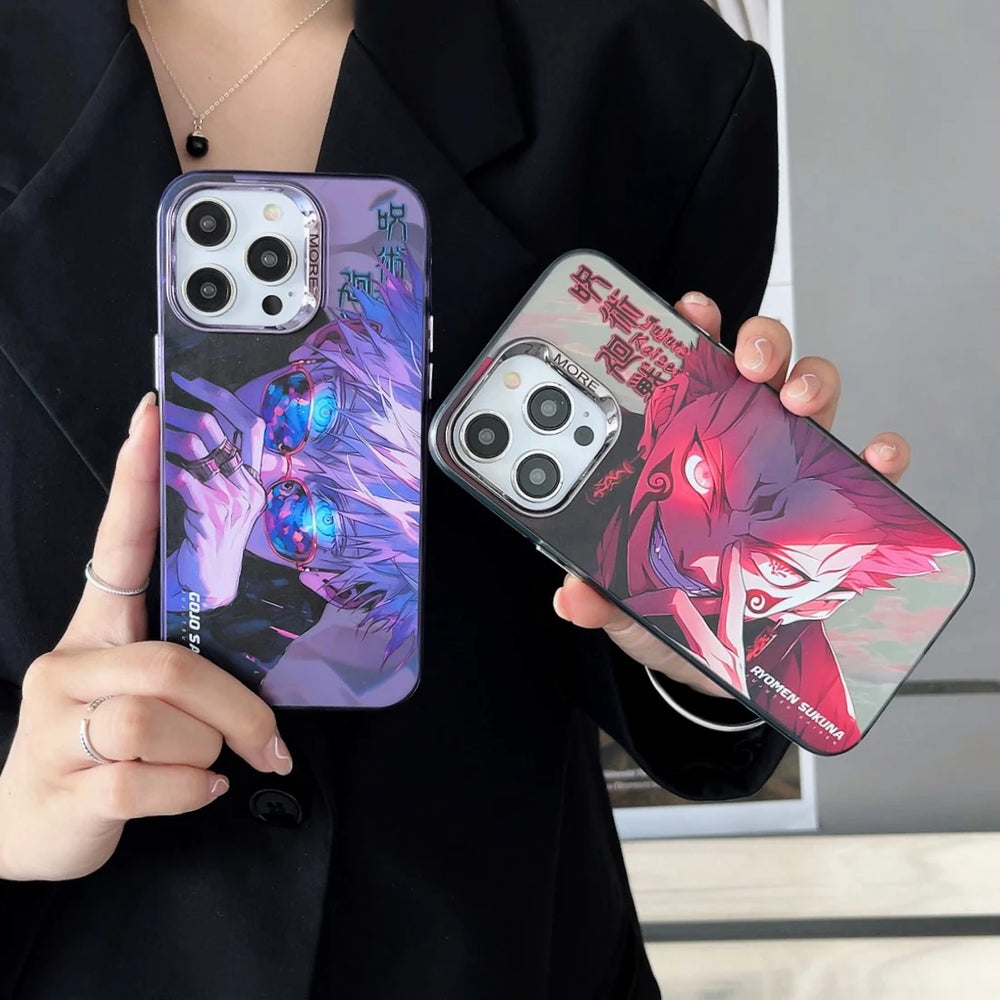 Two iPhone cases feauring Gojo and Sukuna separately