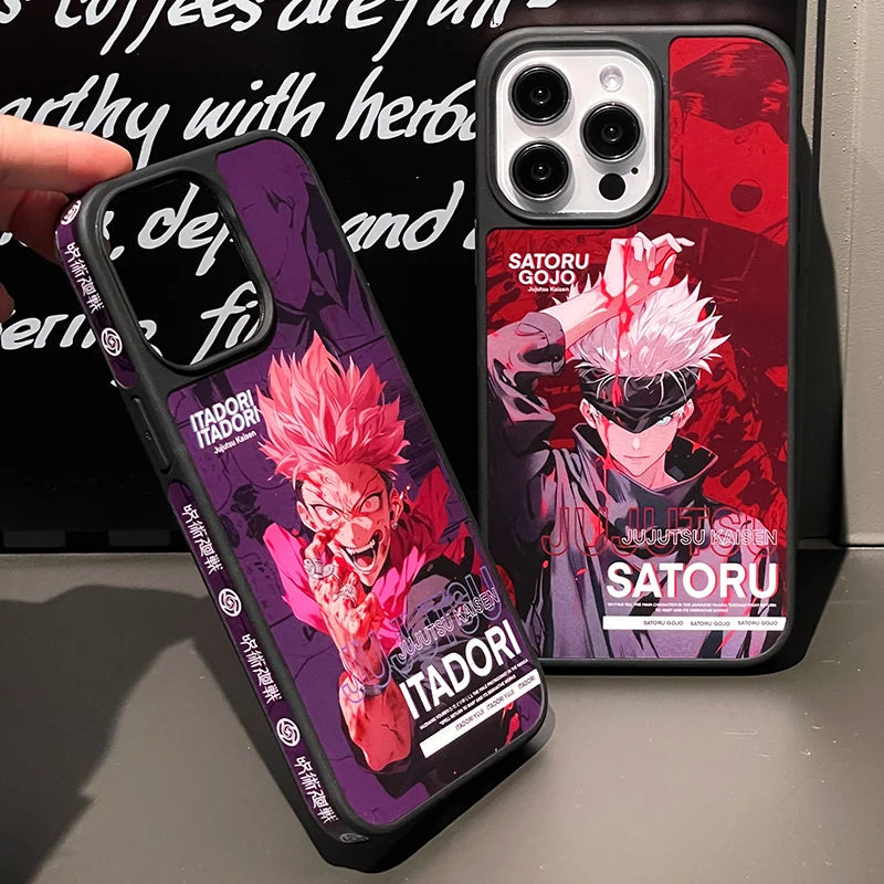 Two phone cases featuring characters from Jujutsu Kaisen. One case has a red and black design featuring Satoru Gojo. The other case has a purple and black background with a featuring Yuji Itadori.