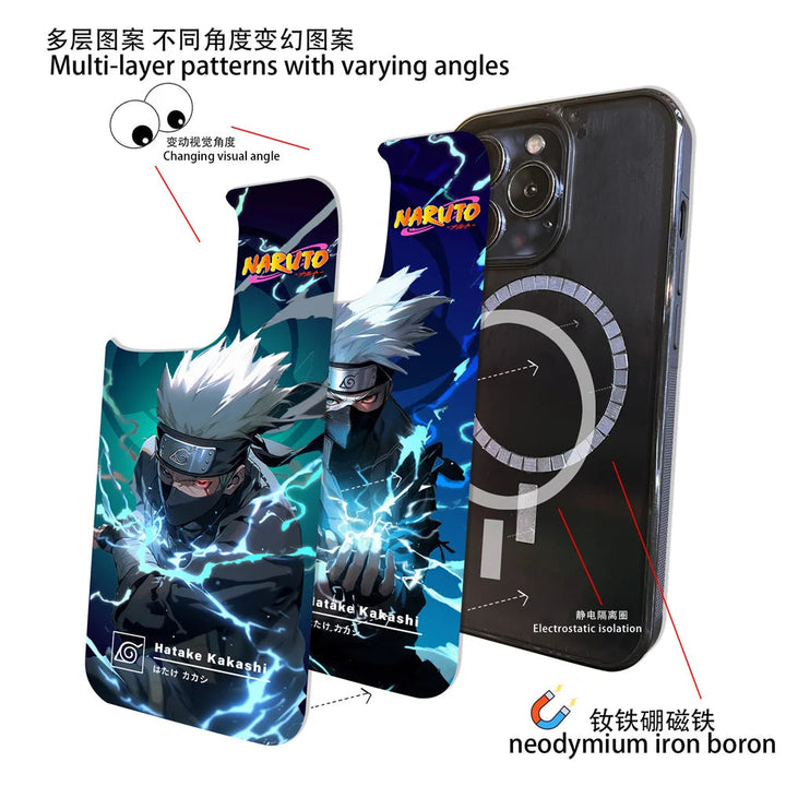 Introducing the Kakashi Angle Art magnetic phone case featuring Kakashi from "Naruto." This anti-scratch phone case showcases multi-layer patterns and varying angles, providing electrostatic isolation and incorporating neodymium iron core elements.