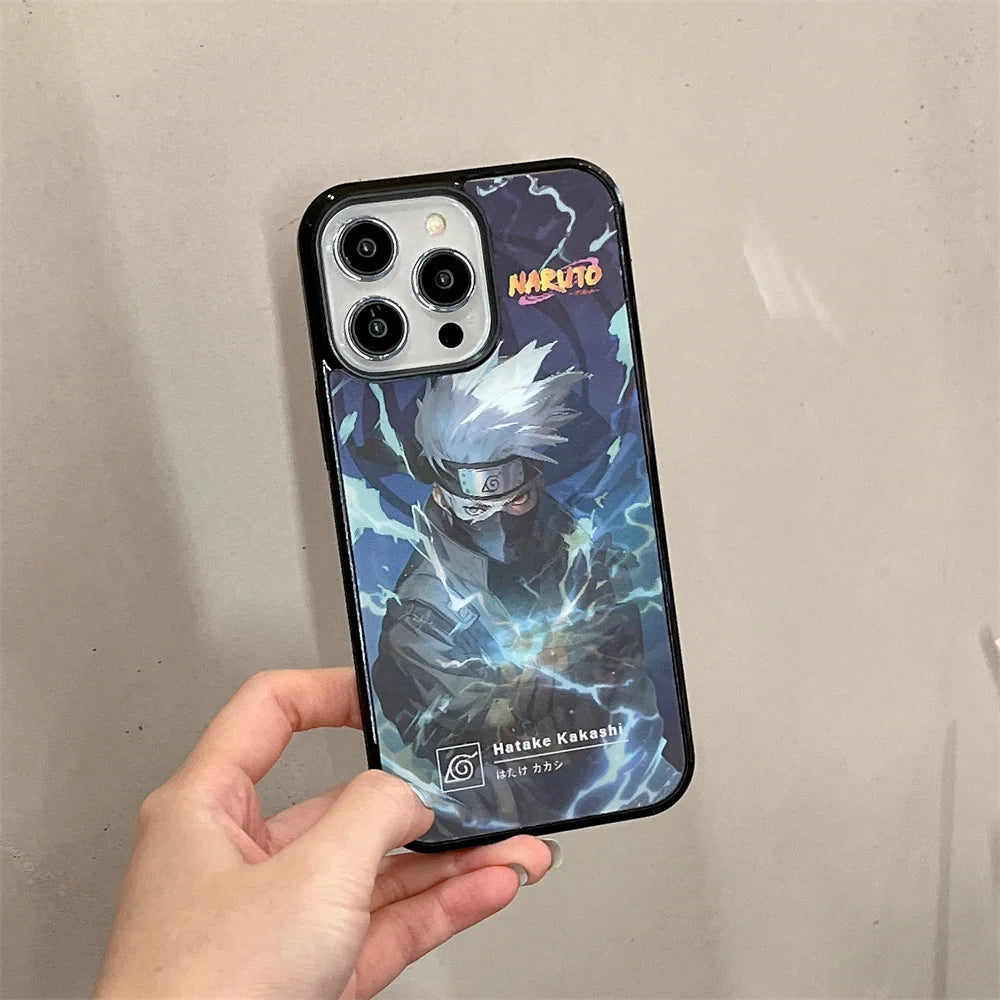 A hand holding a magnetic phone case featuring an illustration of Hatake Kakashi from the anime "Naruto," showcasing the character channeling energy. Text on the anti-scratch case reads "Hatake Kakashi." The product is called "Kakashi Angle Art.