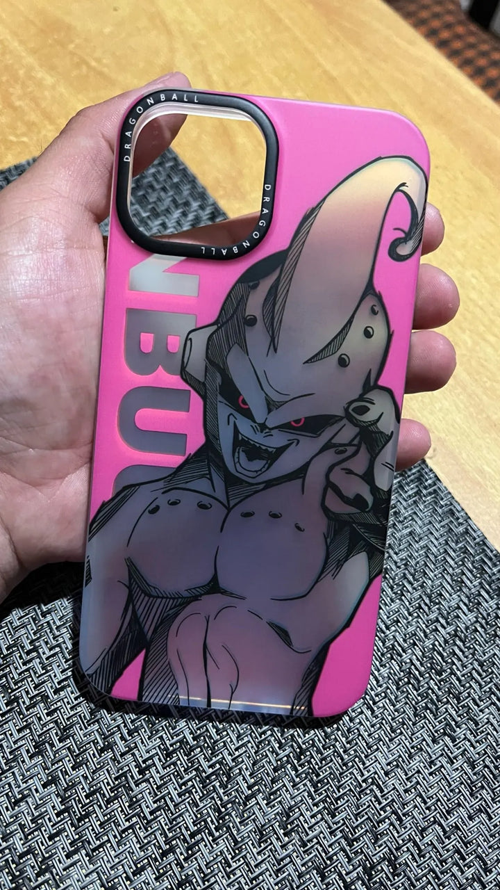 A pink phone case featuring Majin Buu, the powerful villain from Dragon Ball Z