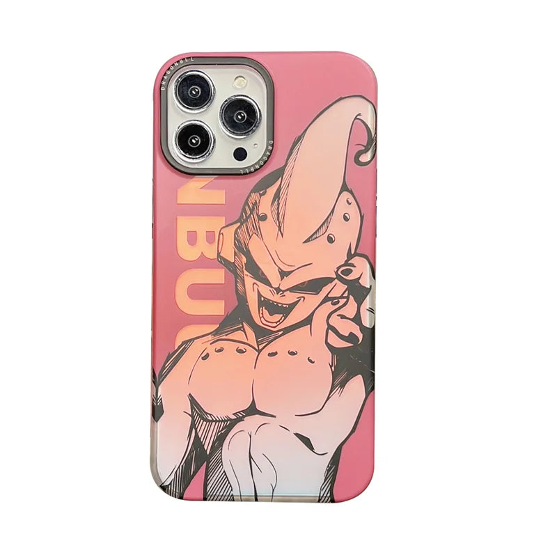 A pink phone case featuring Majin Buu, the powerful villain from Dragon Ball Z