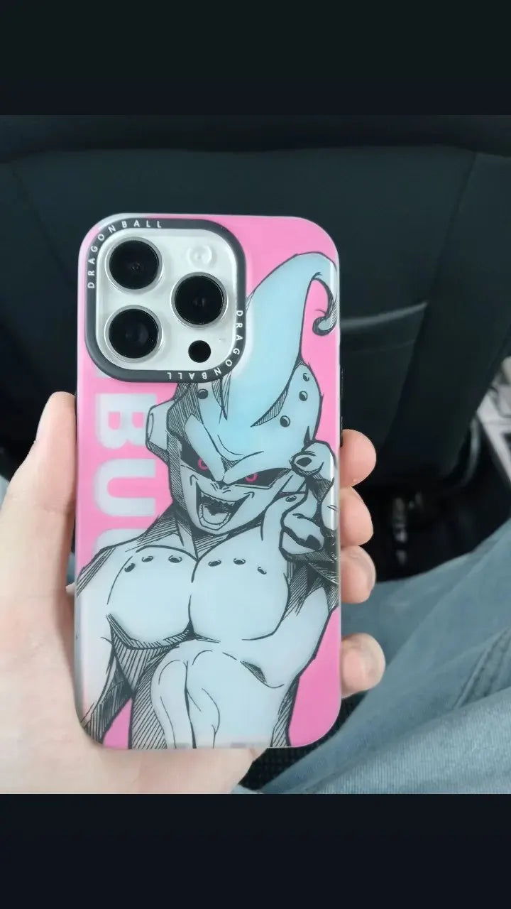 A pink phone case featuring Majin Buu, the powerful villain from Dragon Ball Z