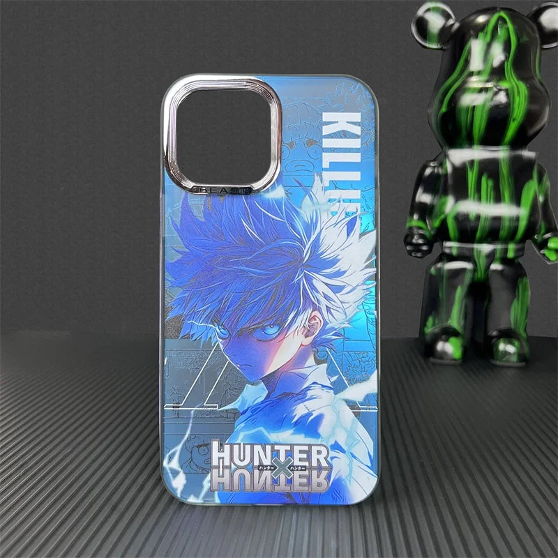 A phone case featuring Killua Zoldyck from Hunter x Hunter, showcasing Killua's intense expression and aura