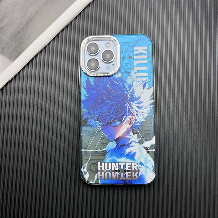 A phone case featuring Killua Zoldyck from Hunter x Hunter, showcasing Killua's intense expression and aura