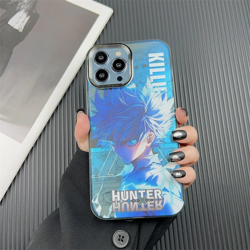 A phone case featuring Killua Zoldyck from Hunter x Hunter, showcasing Killua's intense expression and aura