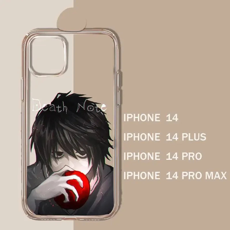 A transparent iPhone case with L from Death Note eating an apple