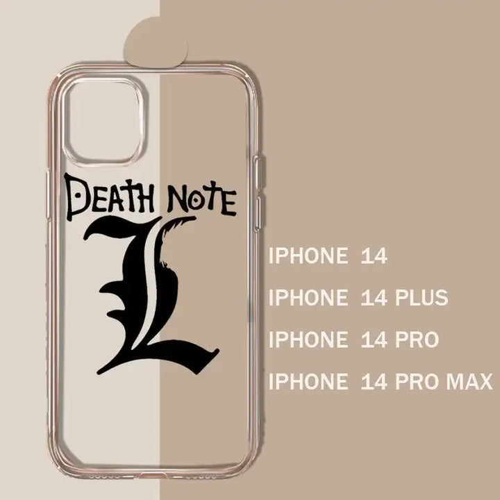 A transparent iPhone case with a black Death Note logo and the letter L