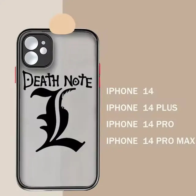 A frosted iPhone case with a black Death Note logo and the letter L