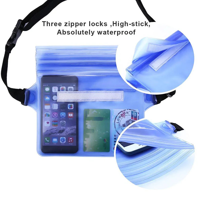 Large Waterproof Pouch in blue, featuring three zipper locks to securely contain a smartphone, cards, and an ID. Ideal for outdoor activities or water sports. Text reads: "Three zipper locks, High-stick, Absolutely waterproof".