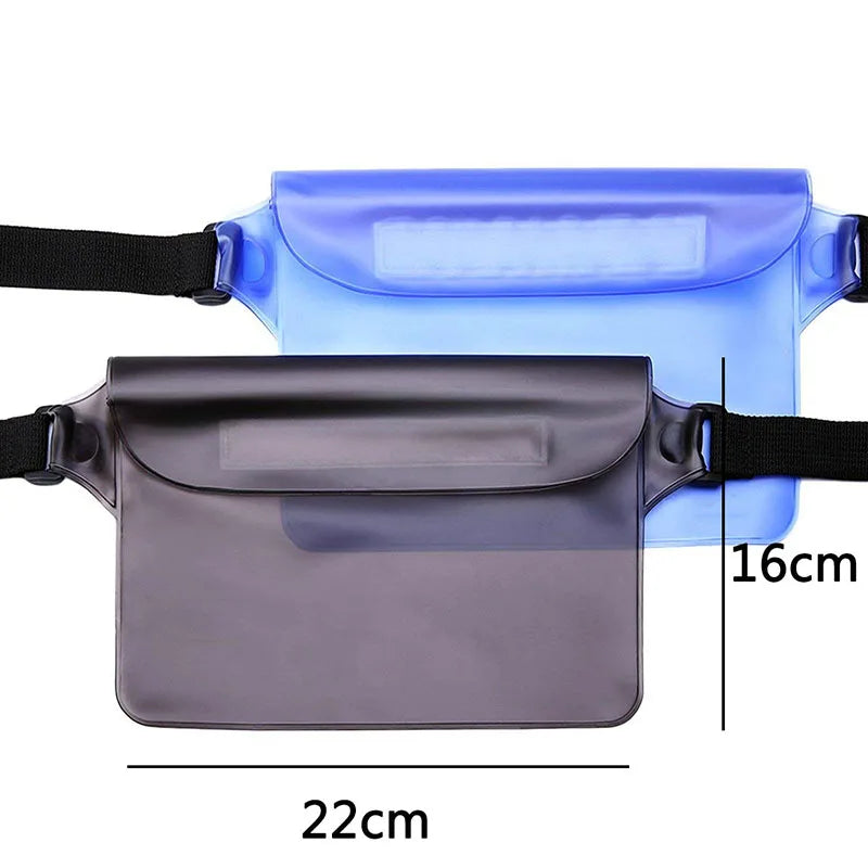 Two Large Waterproof Pouches are displayed; one blue and one gray, each featuring black adjustable waist straps. Perfect for water sports and outdoor activities, these waterproof bags measure 22 cm in width and 16 cm in height.