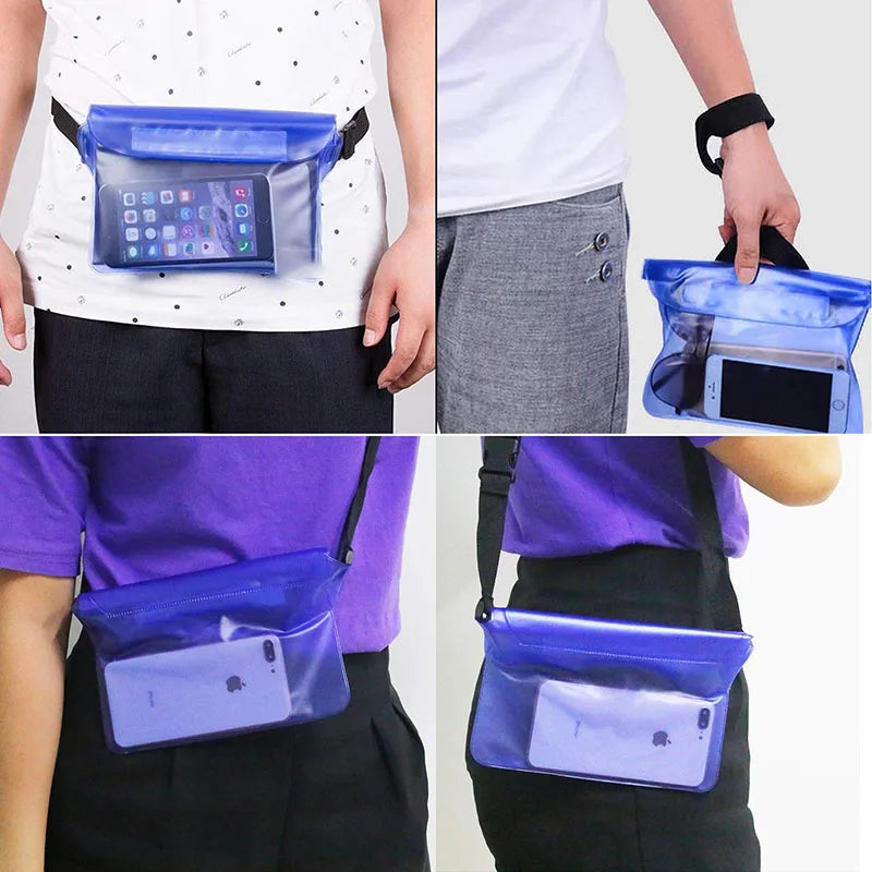 The image shows various views of people using the Large Waterproof Pouch during outdoor activities, some holding it by hand or wearing it across their chest, with a smartphone visible inside the transparent pouch.