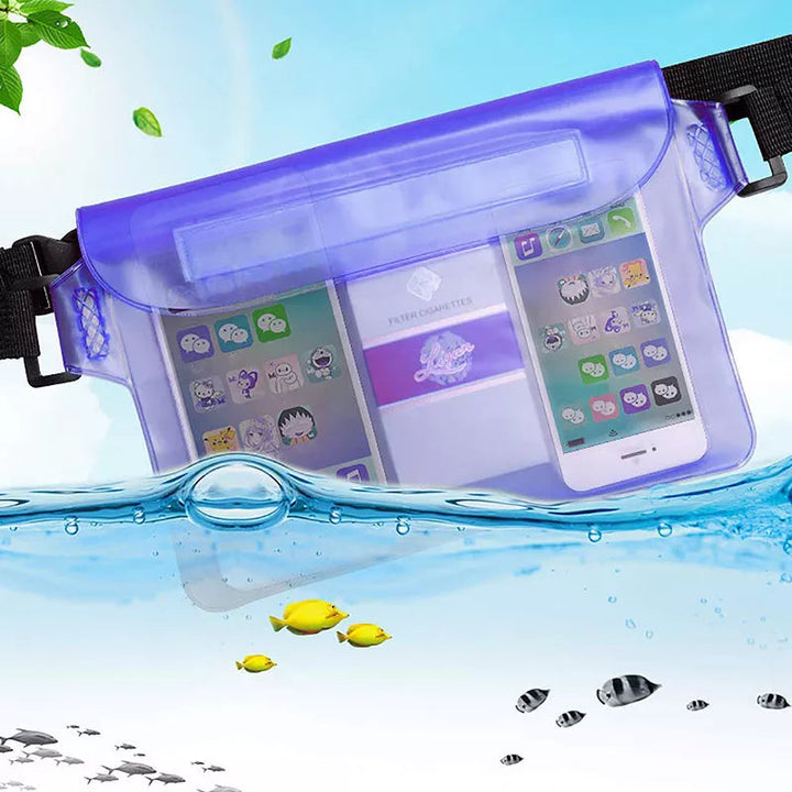 A Large Waterproof Pouch containing a smartphone and a card floats partially submerged in water, demonstrating its superior protection against moisture. Small fish and bubbles are visible beneath the surface, making it ideal for outdoor activities and water sports.