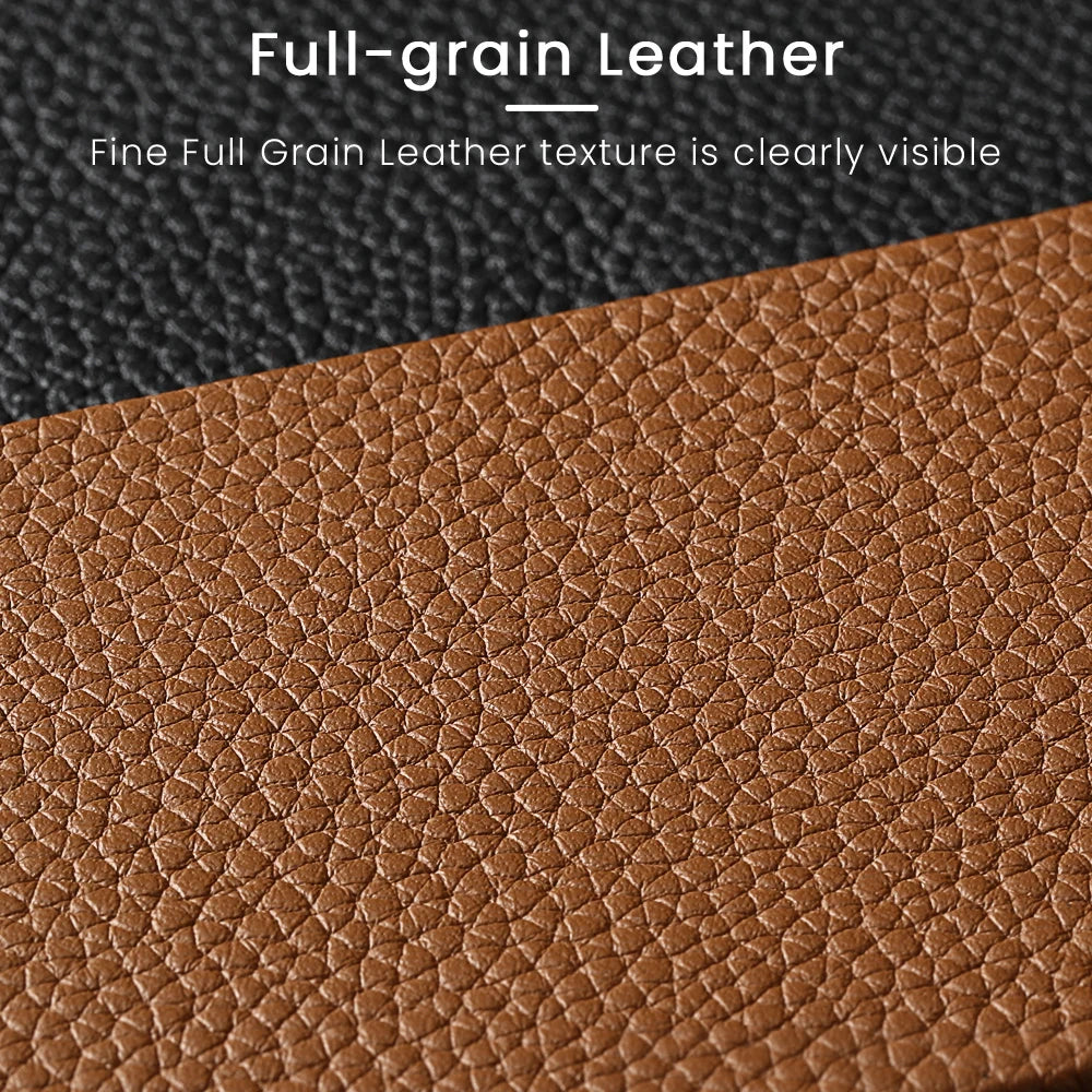 Close-up of the black and brown full-grain leather textures with text overlay reading "Full-grain Leather" and "Fine Full Grain Leather texture is clearly visible," ideal for the premium Leather Phone Case for Samsung.