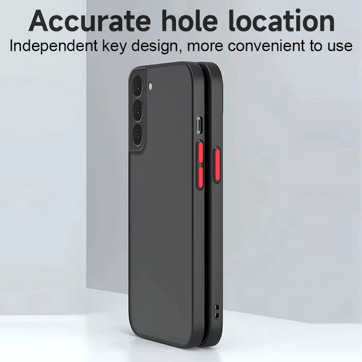 Introducing the Legend of Zelda for Samsung: A black smartphone case with precise cutouts for buttons and camera, featuring red volume and power buttons. Text above reads, "Accurate hole location. Independent key design, more convenient to use." Inspired by the Legend of Zelda, it offers heroic protection akin to the Hylian Shield.