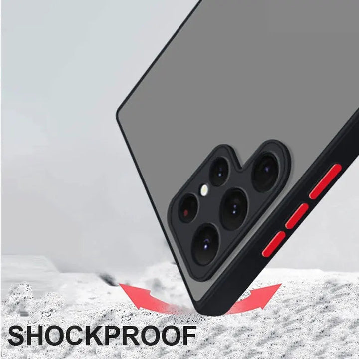 Close-up of a Legend of Zelda for Samsung smartphone in black, showcasing red buttons and multiple rear cameras, with the text "SHOCKPROOF" at the bottom—emphasizing its impact-resistant durability, much like wielding a Master Sword or Hylian Shield in terms of rugged reliability.