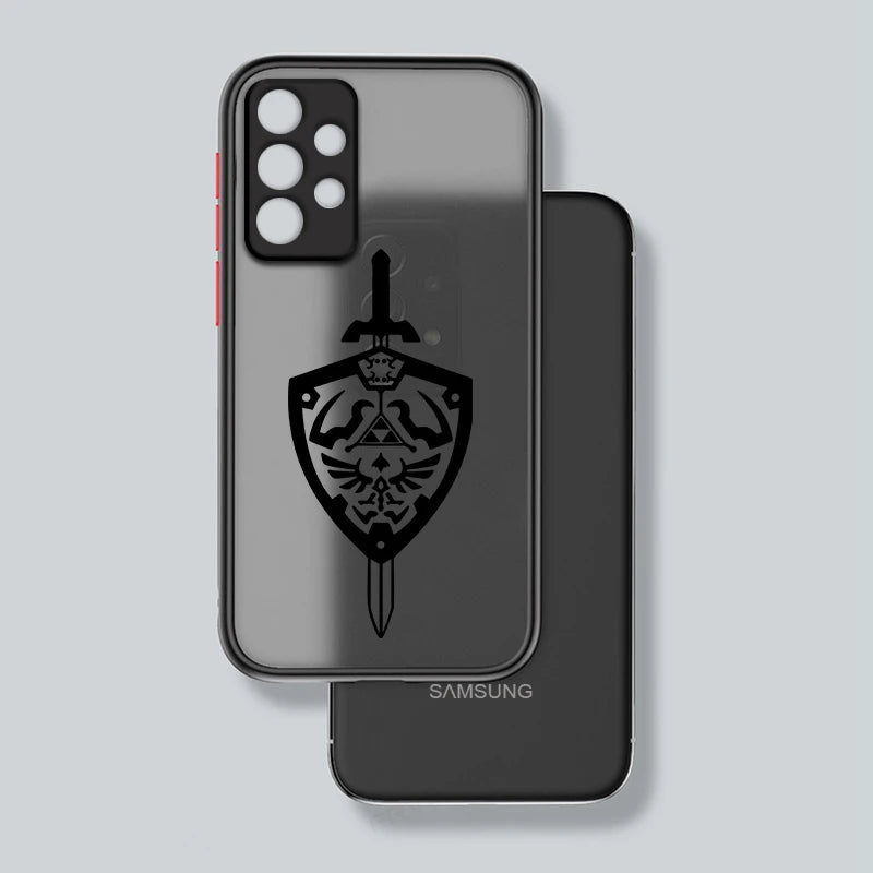 A Legend of Zelda for Samsung smartphone with a transparent black case featuring a Master Sword and Hylian shield design is placed over another smartphone.