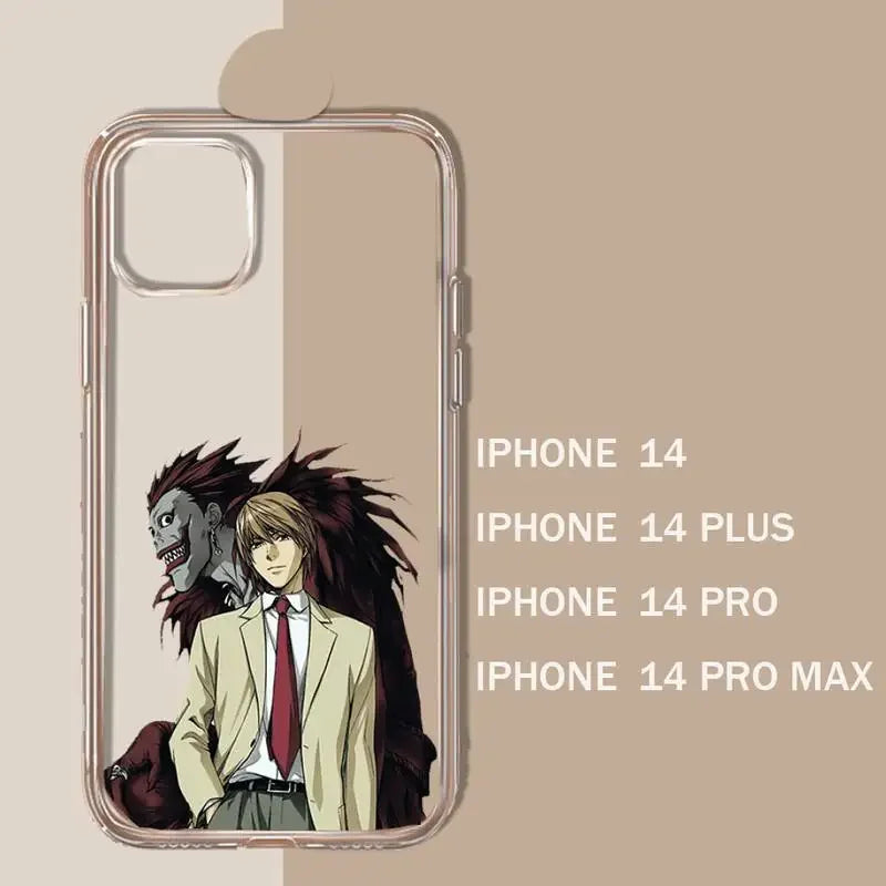 A transparent iPhone case with a black illustration of Ryuk and Light Yagami