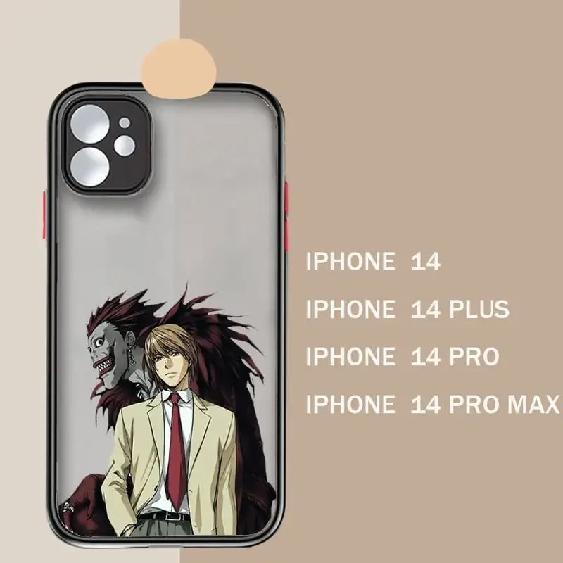 A frosted iPhone case with a black illustration of Ryuk and Light Yagami