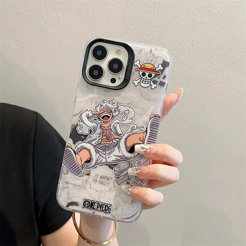 A hand holding an iPhone encased in the "Luffy Gear 5 for iPhone," a clear, anti-scratch case showcasing Luffy Gear 5 and the One Piece logo against a gray background.