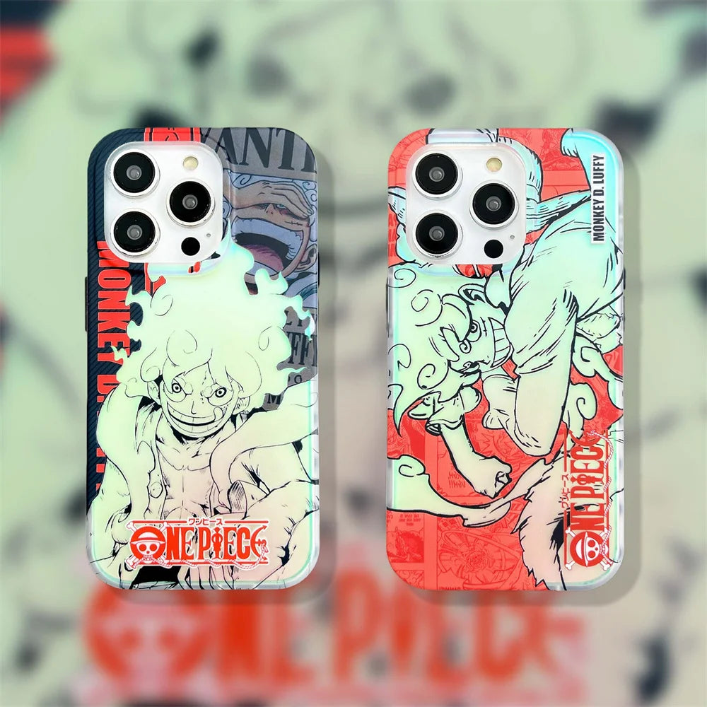 Two iPhone cases with One Piece manga designs. The left anti-scratch case features Luffy with a determined expression, while the right Luffy Gradient for iPhone showcases Luffy in an action pose.