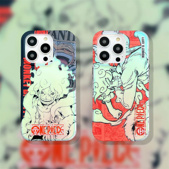 Two iPhone cases with One Piece manga designs. The left anti-scratch case features Luffy with a determined expression, while the right Luffy Gradient for iPhone showcases Luffy in an action pose.