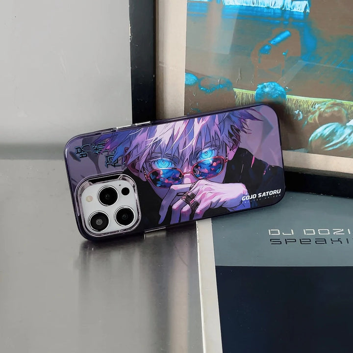 A phone case featuring Satoru Gojo from Jujutsu Kaisen, showcasing Gojo's intense expression and blue eyes known as the six eyes.