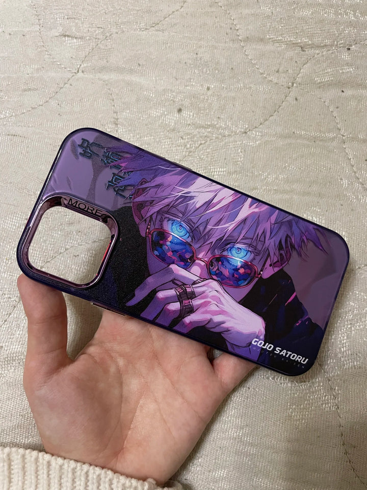 A phone case featuring Satoru Gojo from Jujutsu Kaisen, showcasing Gojo's intense expression and blue eyes known as the six eyes.