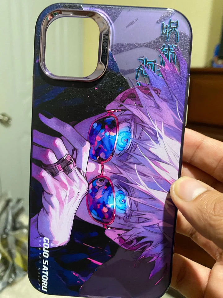 A phone case featuring Satoru Gojo from Jujutsu Kaisen, showcasing Gojo's intense expression and blue eyes known as the six eyes.