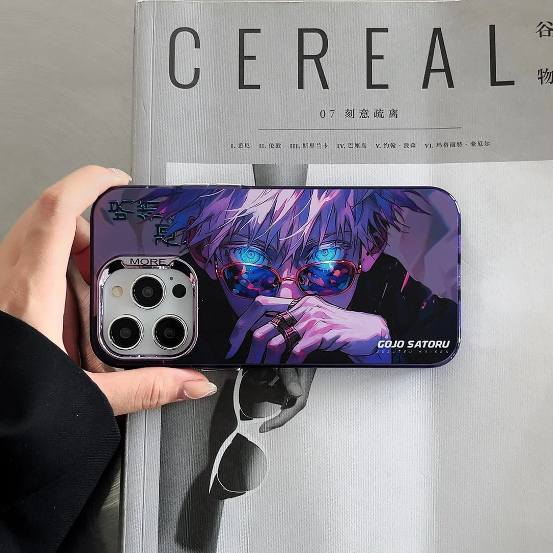 A phone case featuring Satoru Gojo from Jujutsu Kaisen, showcasing Gojo's intense expression and blue eyes known as the six eyes.