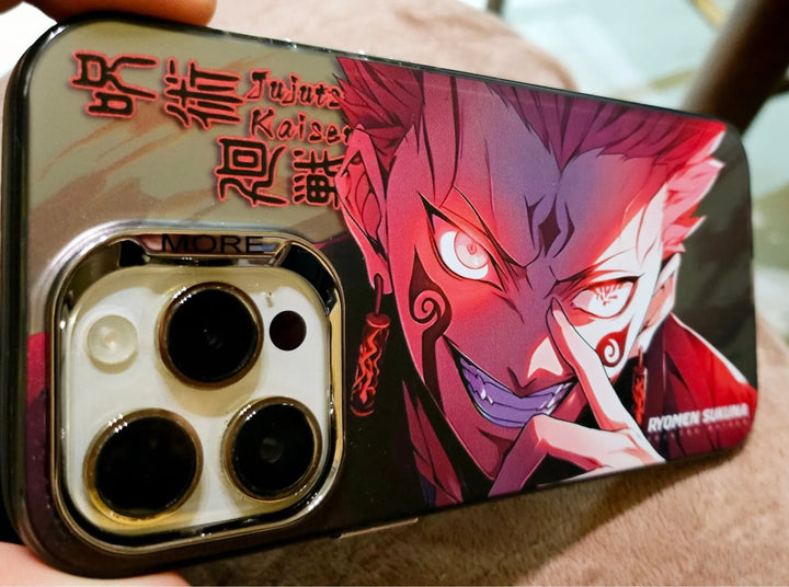 A phone case featuring Ryomen Sukuna from Jujutsu Kaisen, showcasing Sukuna's menacing expression and fiery red eyes.