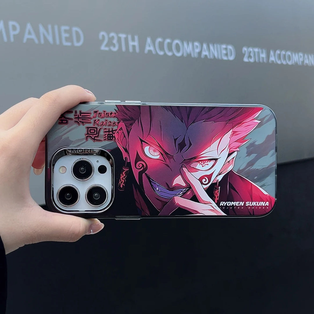 A phone case featuring Ryomen Sukuna from Jujutsu Kaisen, showcasing Sukuna's menacing expression and fiery red eyes.