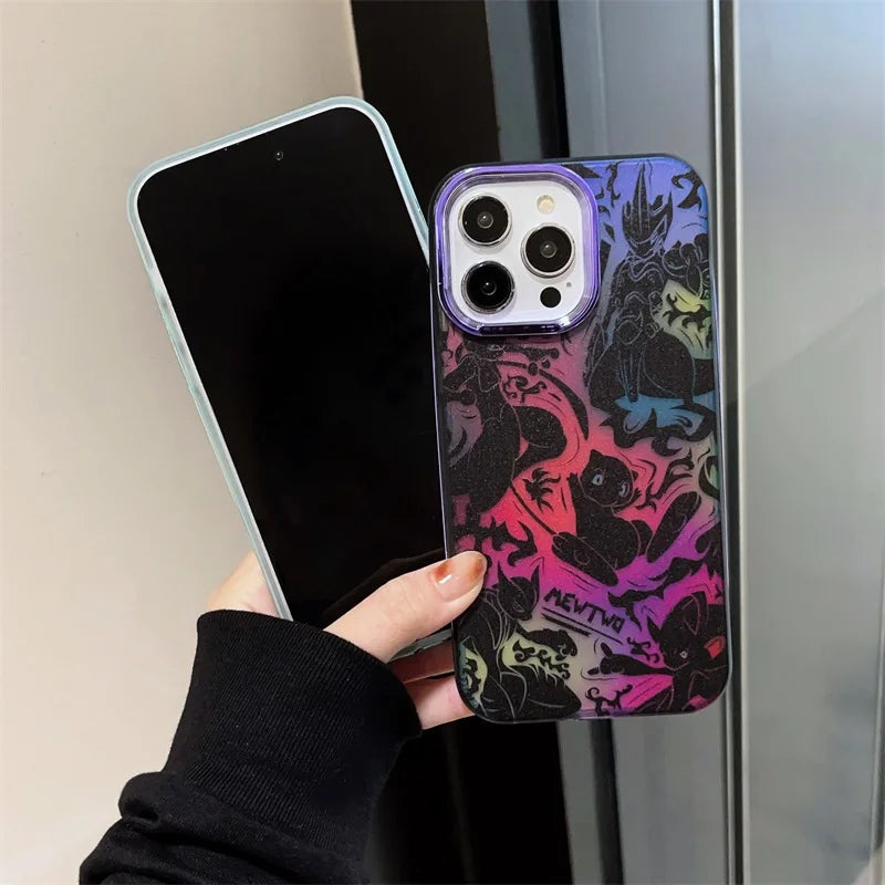 Hand holding two phones, one with a blank screen and the other featuring the Mewtwo for iPhone case with its colorful, patterned design and subtle hints of Mewtwo.