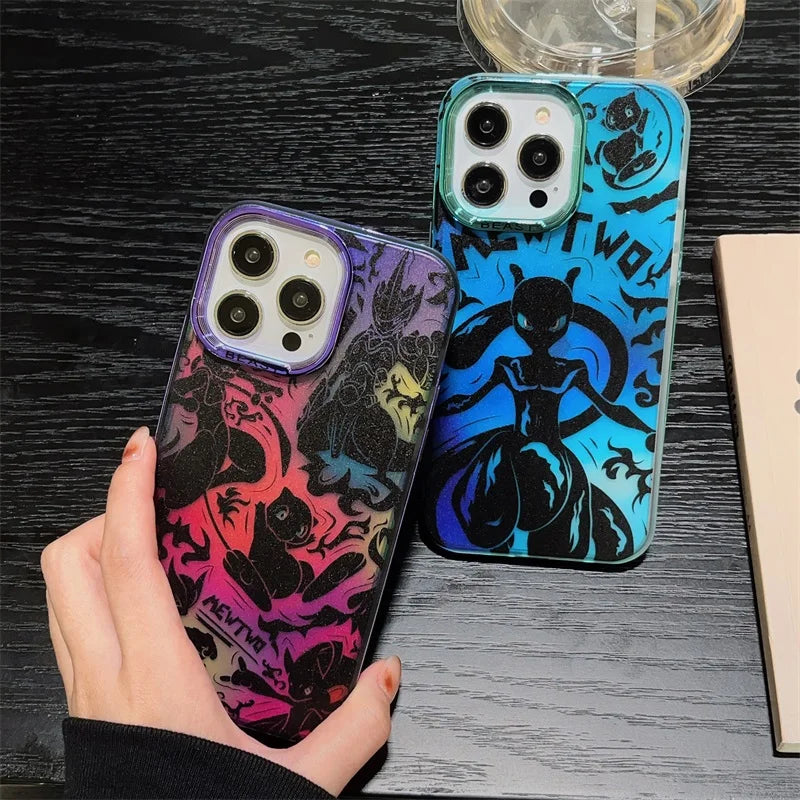 Two smartphone cases with colorful backgrounds and characters, one featuring Mewtwo in red-purple hues named "Mewtwo for iPhone," and the other showcasing Mew in blue-green hues, held by a hand on a black surface.